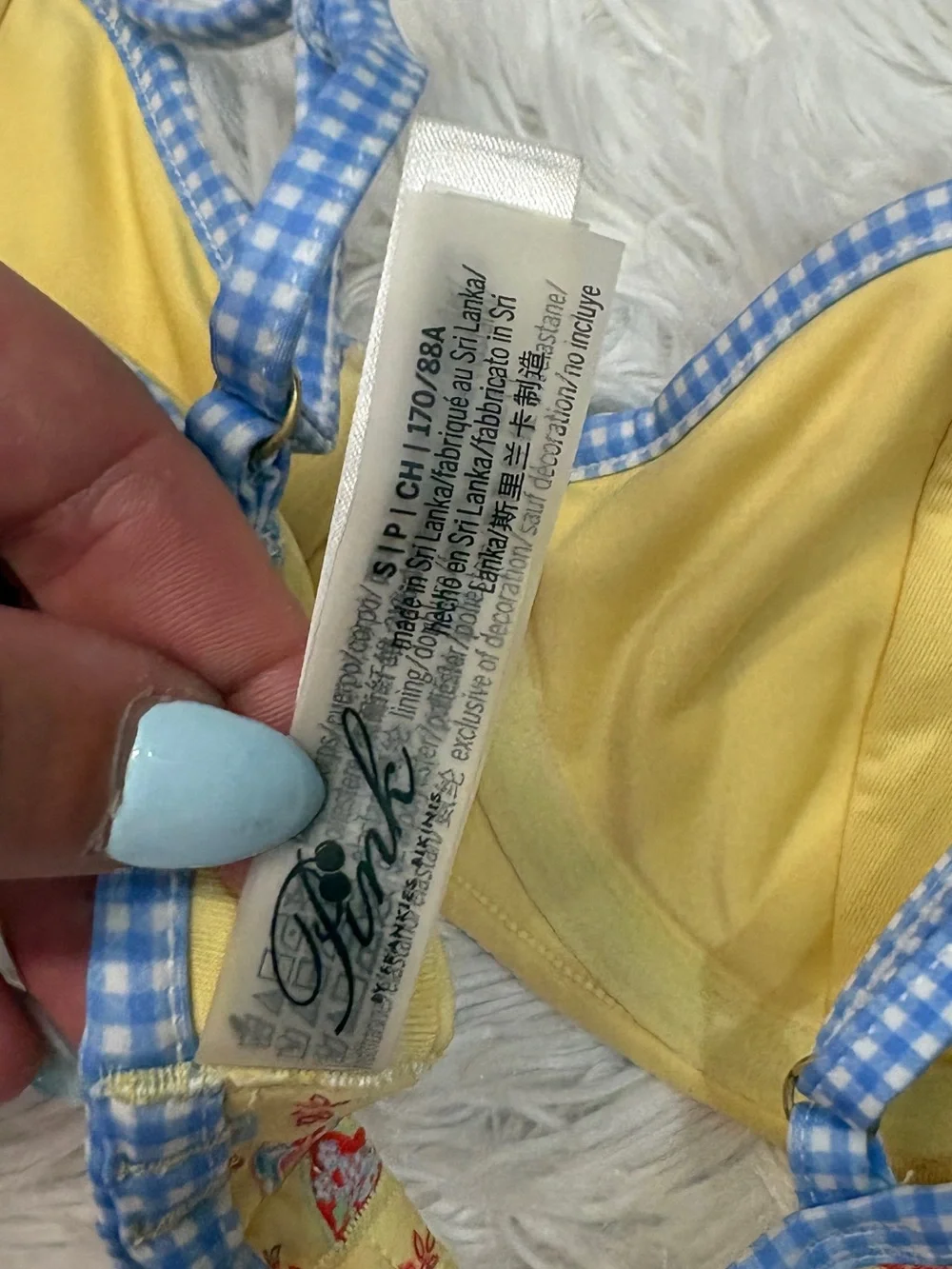 Frankie's Bikinis VS Pink Buttercup bikini top in yellow and blue